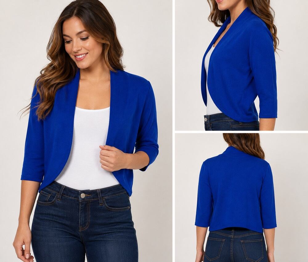 Chaus Cobalt Blue Cropped Cocoon Sweater | 1/2 Sleeve Open Front | Size M